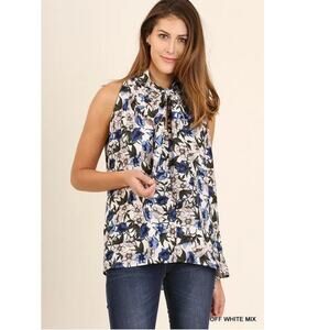 Umgee White Blue Floral Print Sleeveless Halter Tie Neck Blouse Size Small